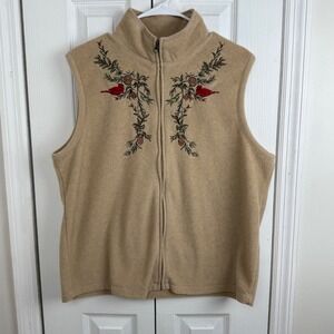 Baxter Wells L Fleece Vest Cardinal Pinecone Embroidered Zip Up Tan Cottagecore